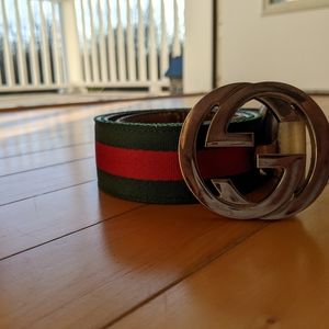 Men's Gucci web belt with G buckle size 85(30 US) red green & white